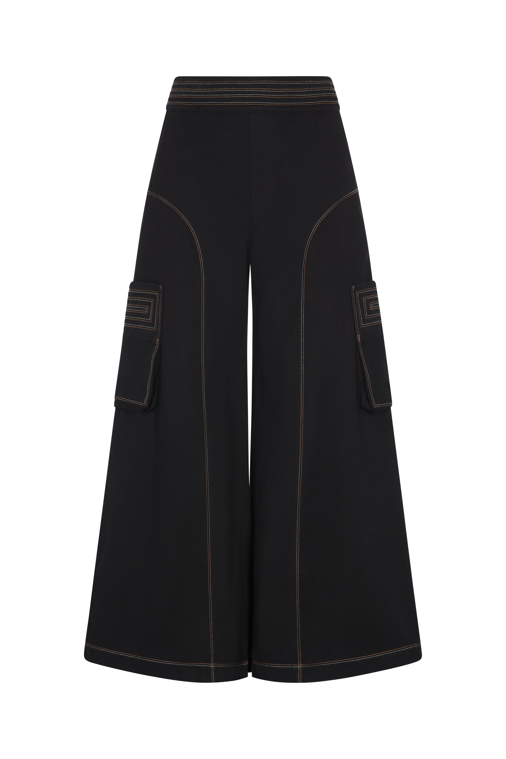 Bela Pant in Black – Cropped cotton palazzo pants with side flap pockets, elasticated waist, and contrast stitching.