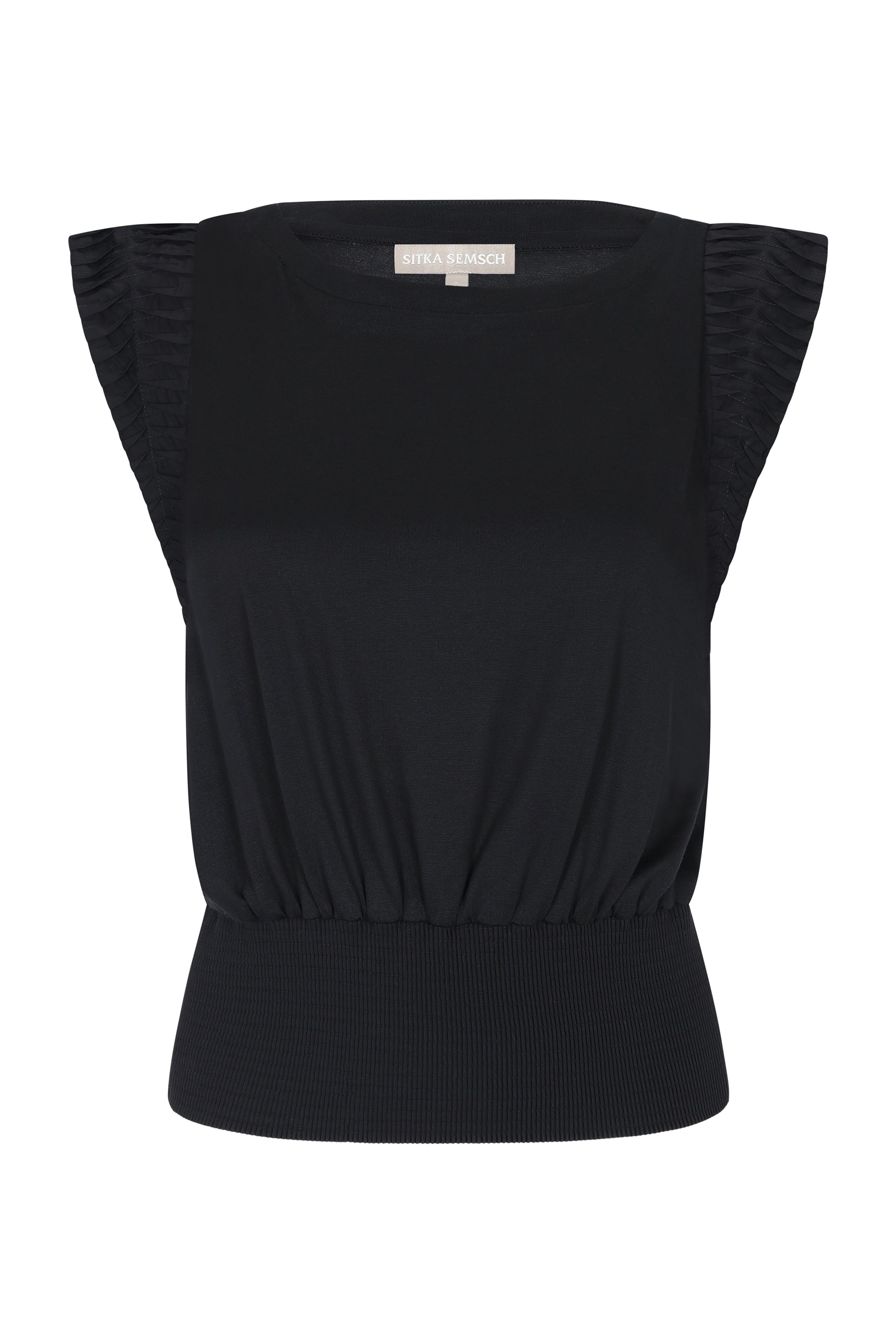 Selena Top in Black – Sleeveless cotton top with round neckline, semi-ruffled sleeves, and elasticized waistband.