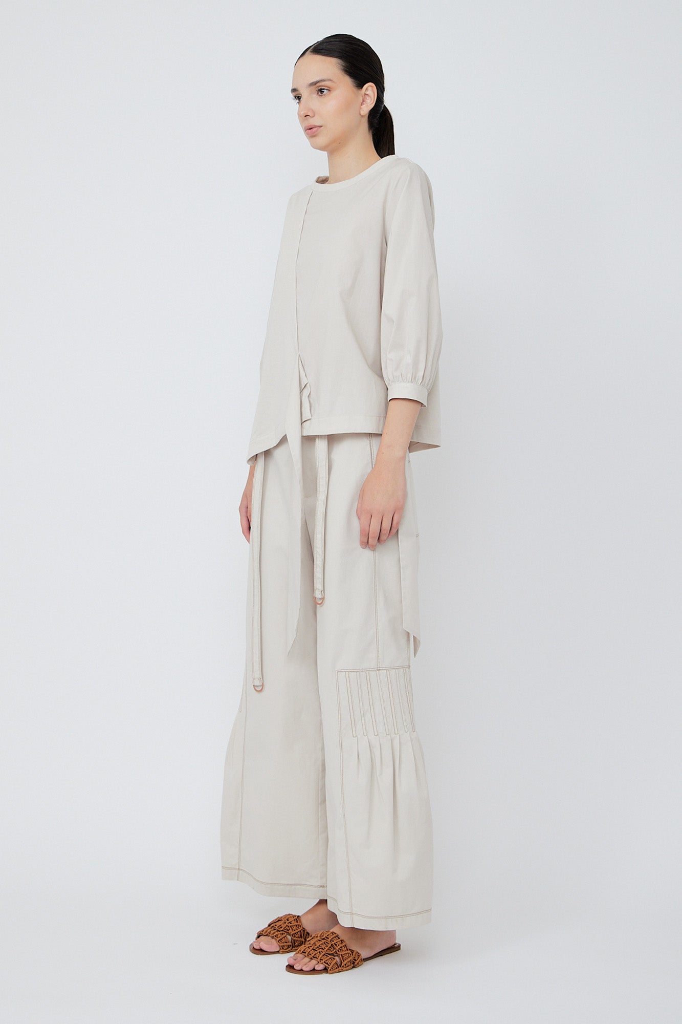 Zoila Pant in Prestine – High-waisted cotton palazzo pants with wide belt, contrast stitching, and refined silhouette.