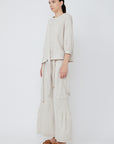 Zoila Pant in Prestine – High-waisted cotton palazzo pants with wide belt, contrast stitching, and refined silhouette.