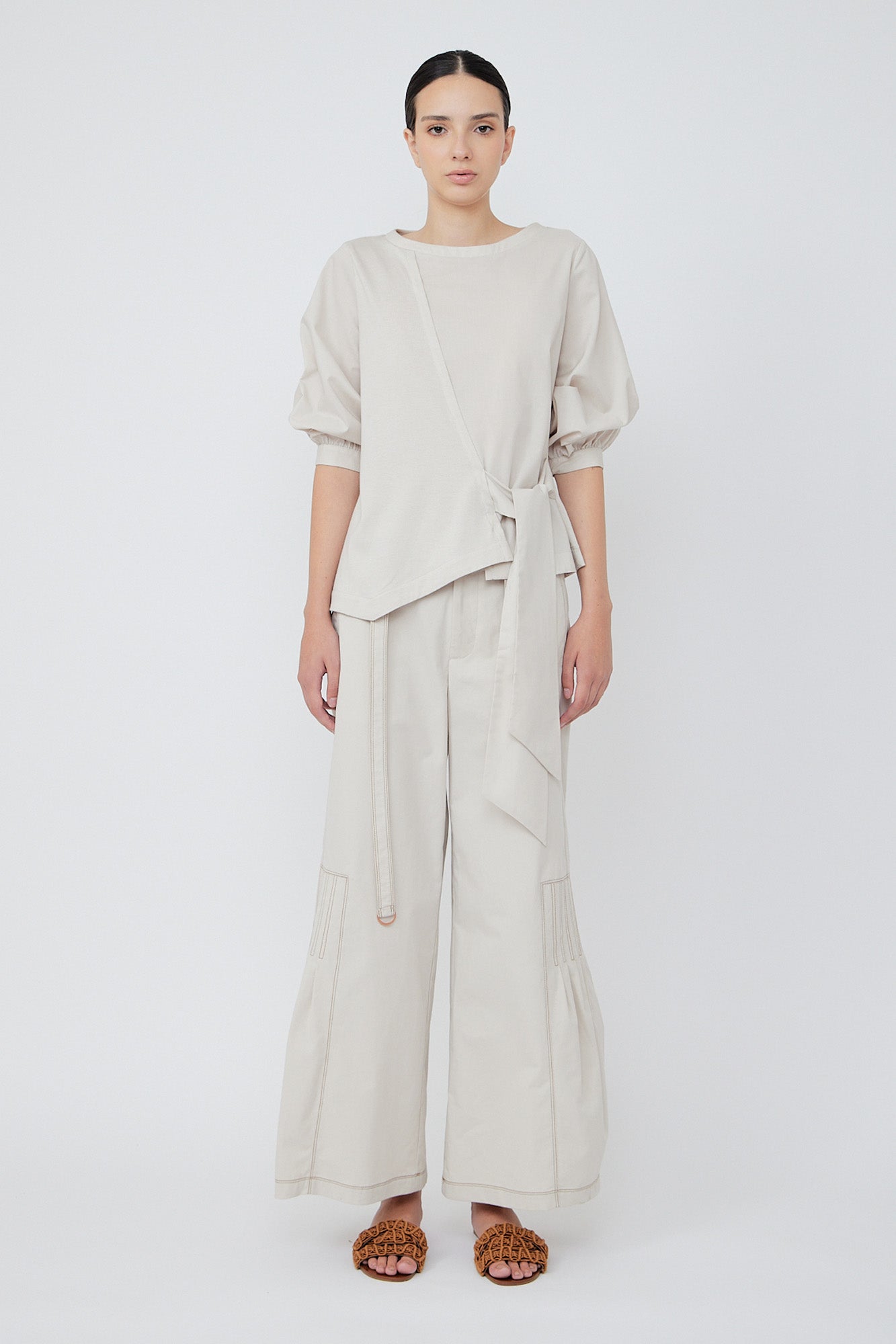 Zoila Pant in Prestine – High-waisted cotton palazzo pants with wide belt, contrast stitching, and refined silhouette.