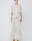 Zoila Pant in Prestine – High-waisted cotton palazzo pants with wide belt, contrast stitching, and refined silhouette.