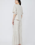 Zoila Pant in Prestine – High-waisted cotton palazzo pants with wide belt, contrast stitching, and refined silhouette.