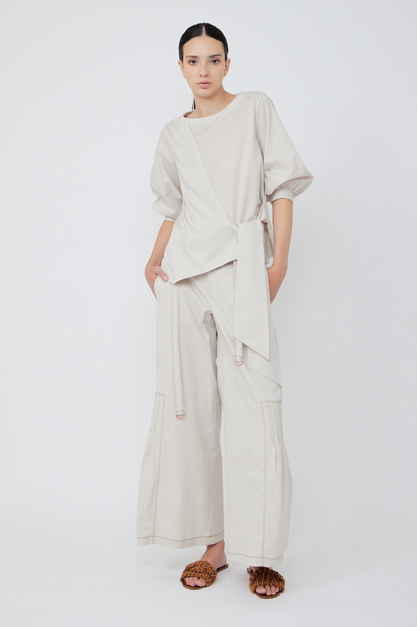 Zoila Pant in Prestine – High-waisted cotton palazzo pants with wide belt, contrast stitching, and refined silhouette.