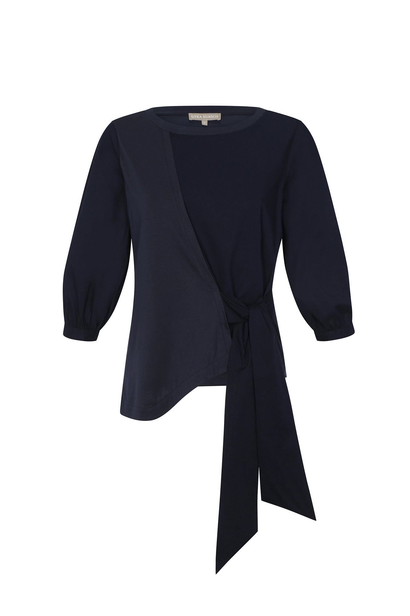 Artemisa Top in Navy – Cotton wrap top with round neckline, ¾ sleeves, and tie waist, made in Peru.