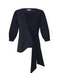 Artemisa Top in Navy – Cotton wrap top with round neckline, ¾ sleeves, and tie waist, made in Peru.