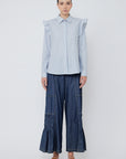 Front view of the Bobi Blouse, showcasing its classic grey stripe and tailored shirt collar.