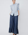 Front view of the Bobi Blouse, showcasing its classic grey stripe and tailored shirt collar.