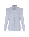 Front view of the Bobi Blouse, showcasing its classic grey stripe and tailored shirt collar.