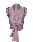 Eijan satin blouse in light blue, lavender, and magenta with pleated shoulder details and waist knot