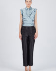 Eijan satin blouse in light blue, lavender, and magenta with pleated shoulder details and waist knot