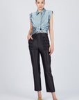 Eijan satin blouse in light blue, lavender, and magenta with pleated shoulder details and waist knot