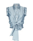 Eijan satin blouse in light blue, lavender, and magenta with pleated shoulder details and waist knot