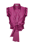 Eijan satin blouse in light blue, lavender, and magenta with pleated shoulder details and waist knot