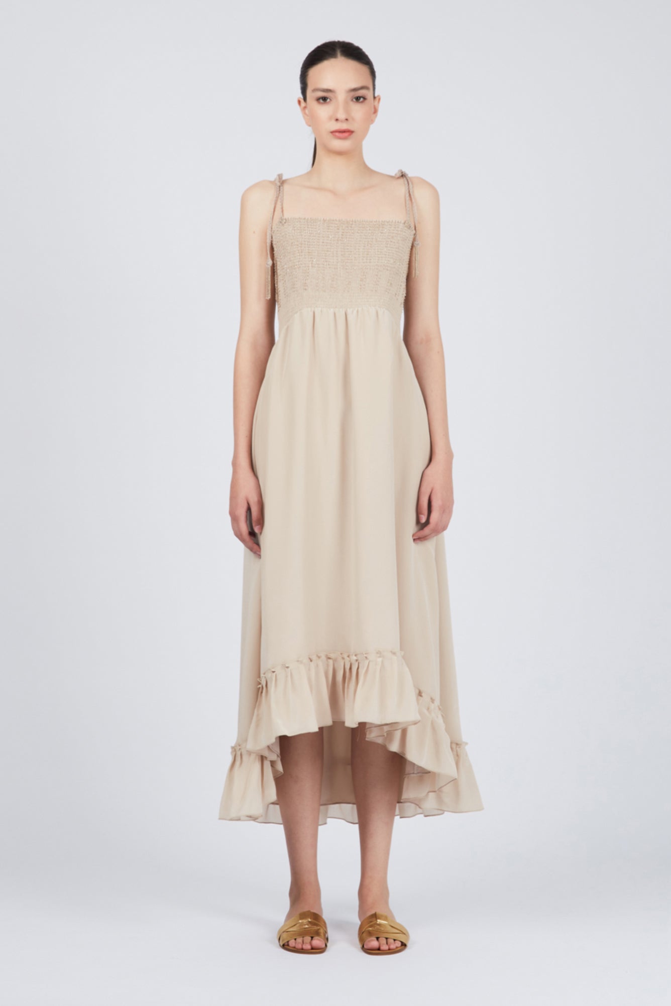Sitka Semsch Women's Dresses, Silk Crepe Dress, Beige, Size XS, Silk, Embroidered Top, Ruffled Hem Sitka Semsch Women's Dresses, Silk Crepe Dress, Beige, Size XS, Silk, Embroidered Top, Ruffled Hem