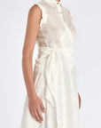 Side view of the sleeveless Harlow Blouse, highlighting the pleated shoulder detail.