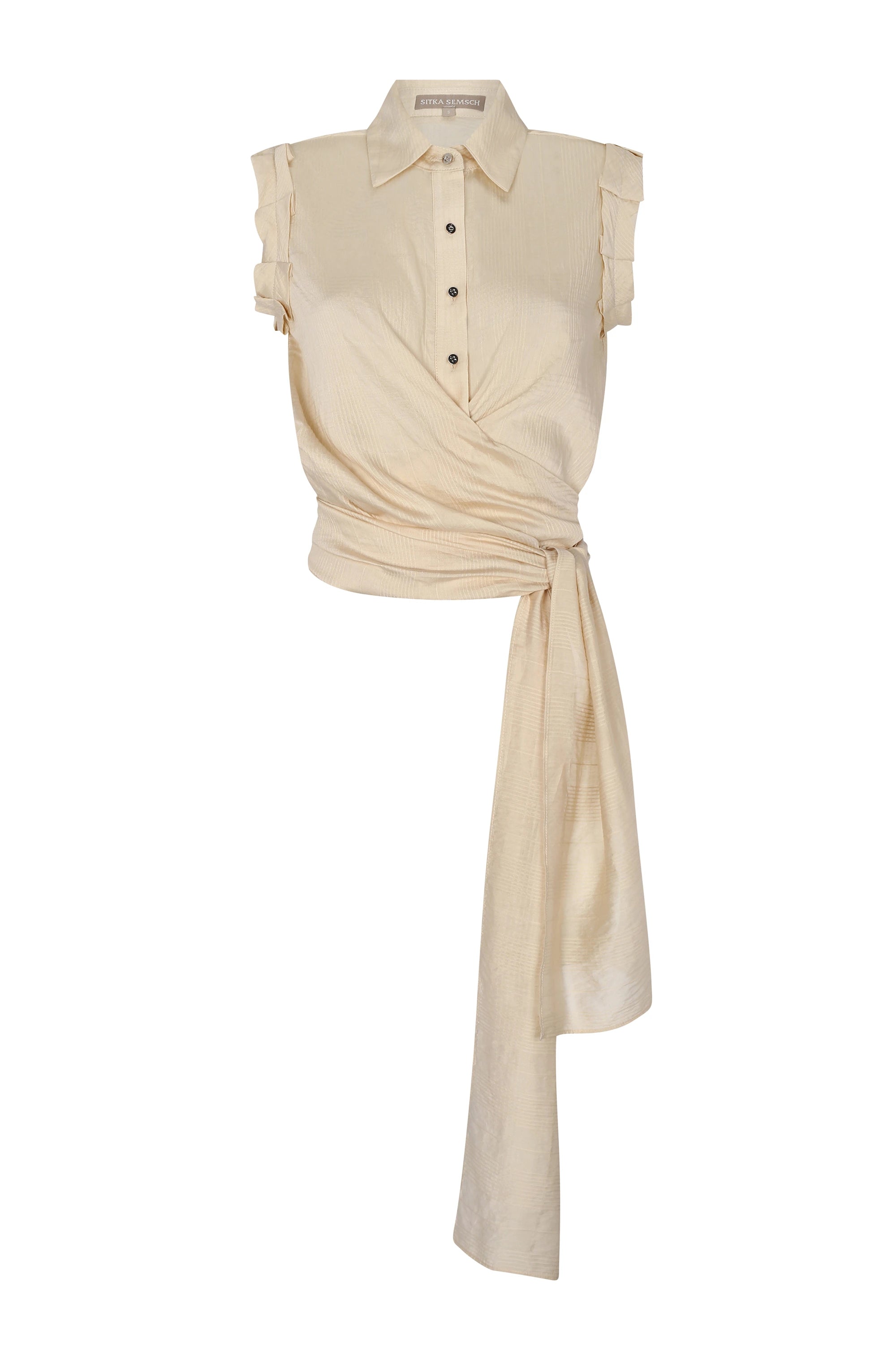 Front view of the Harlow Wrap Blouse in a soft vanilla color.