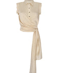 Front view of the Harlow Wrap Blouse in a soft vanilla color.