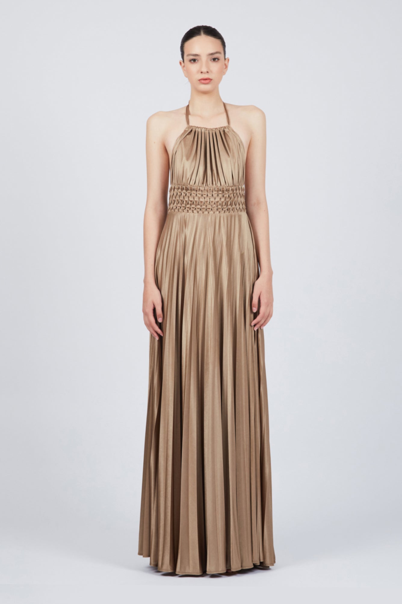 Harper Halter Dress with Murano Appliqus and Pleated Solei Skirt | Sitka Semsch Harper Halter Dress with Murano Appliqus and Pleated Solei Skirt | Sitka Semsch