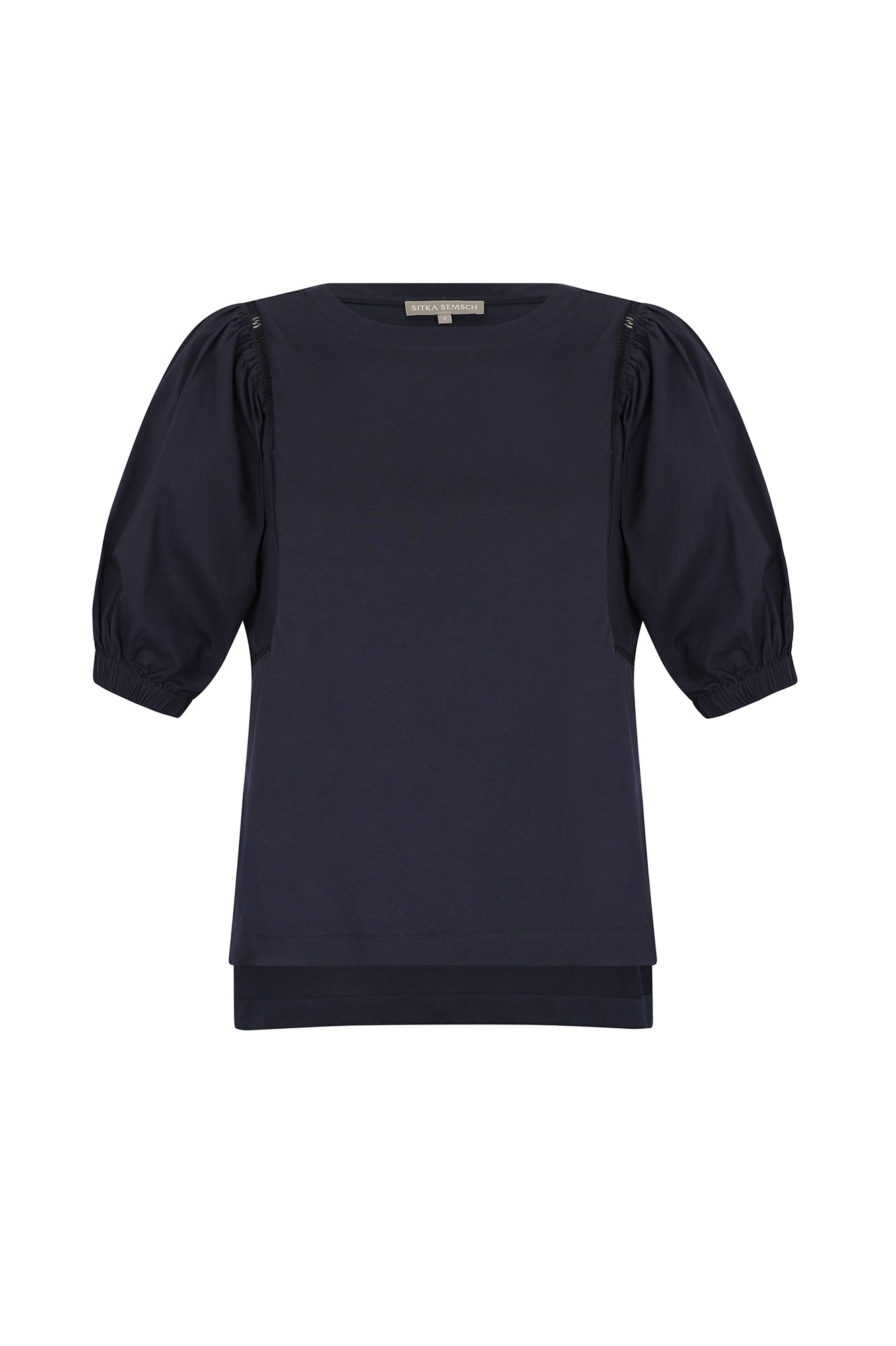 Jamie Top in Navy – 100% cotton top with textured fabric, round neckline, and ¾ sleeves with elastic cuffs.
