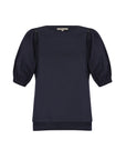 Jamie Top in Navy – 100% cotton top with textured fabric, round neckline, and ¾ sleeves with elastic cuffs.