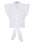 Oriana Blouse in White – Elegant cotton blouse with V-neck, Neru collar, ruffle sleeves, tie waist, and hand-appliqué detailing.