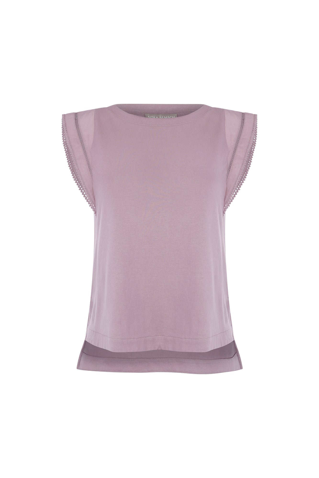 Regina Top in Lilac – Knit top in Pima cotton with lace and Greca detailing, dropped sleeves, and side slits.