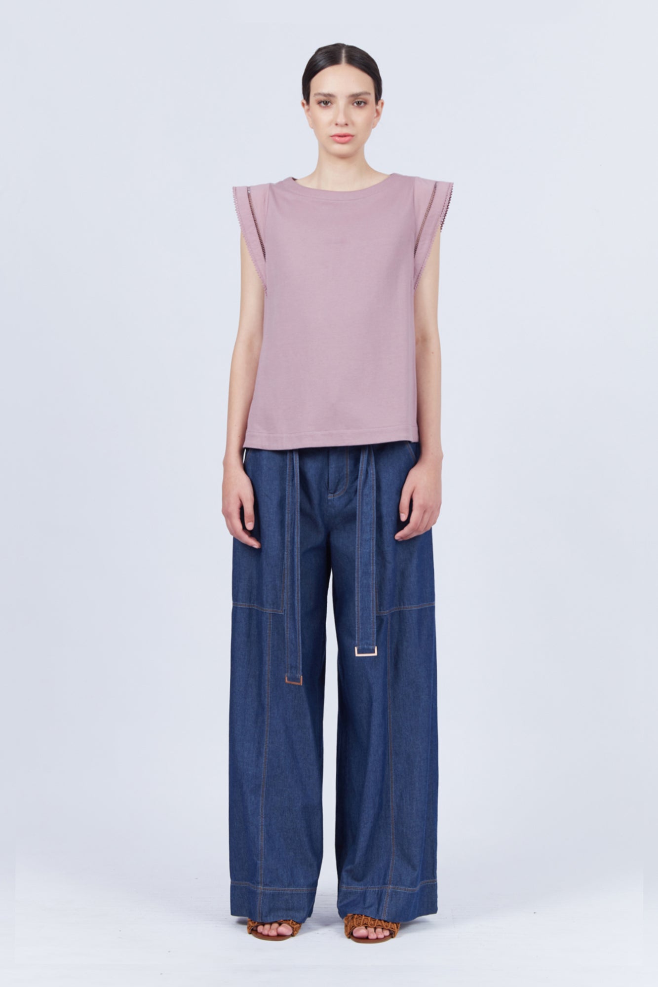 Regina Top in Lilac – Knit top in Pima cotton with lace and Greca detailing, dropped sleeves, and side slits.