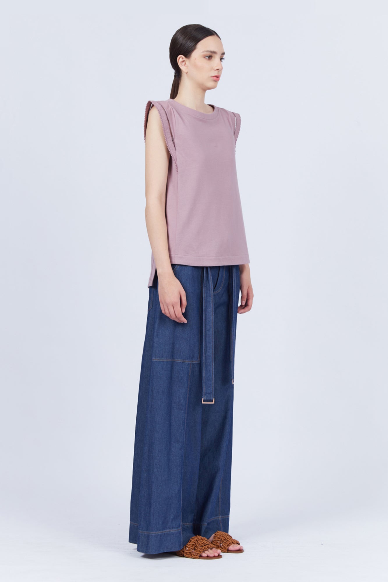 Regina Top in Lilac – Knit top in Pima cotton with lace and Greca detailing, dropped sleeves, and side slits.