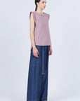 Regina Top in Lilac – Knit top in Pima cotton with lace and Greca detailing, dropped sleeves, and side slits.