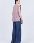 Regina Top in Lilac – Knit top in Pima cotton with lace and Greca detailing, dropped sleeves, and side slits.