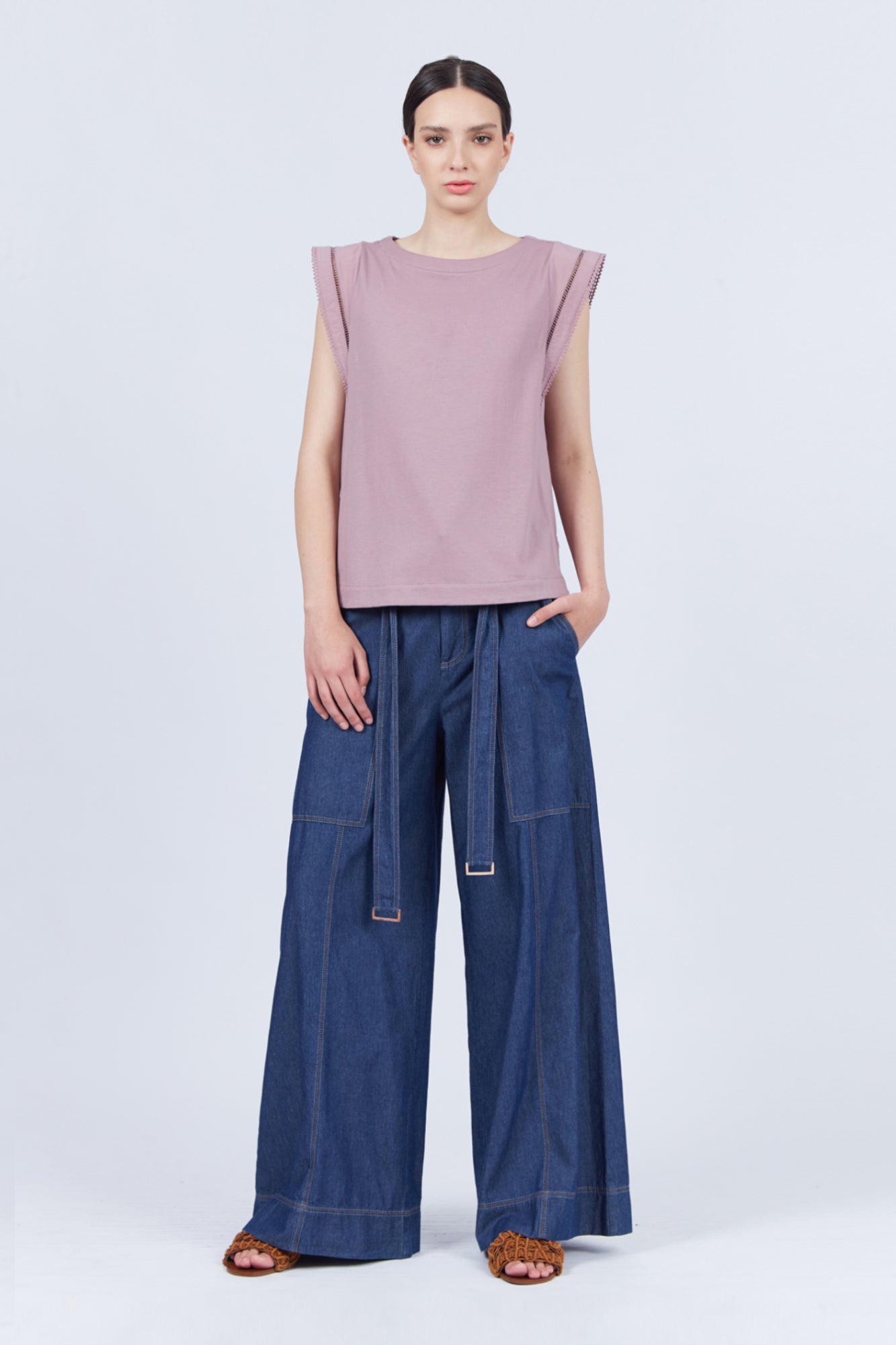Regina Top in Lilac – Knit top in Pima cotton with lace and Greca detailing, dropped sleeves, and side slits.
