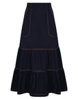 Eden Skirt in Navy – Cotton midi skirt with ruffled hem, front patch pockets, and elasticized back waistband.