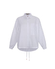 The Hebe Blouse in crisp white, featuring its clean lapel collar and innovative asymmetrical design.