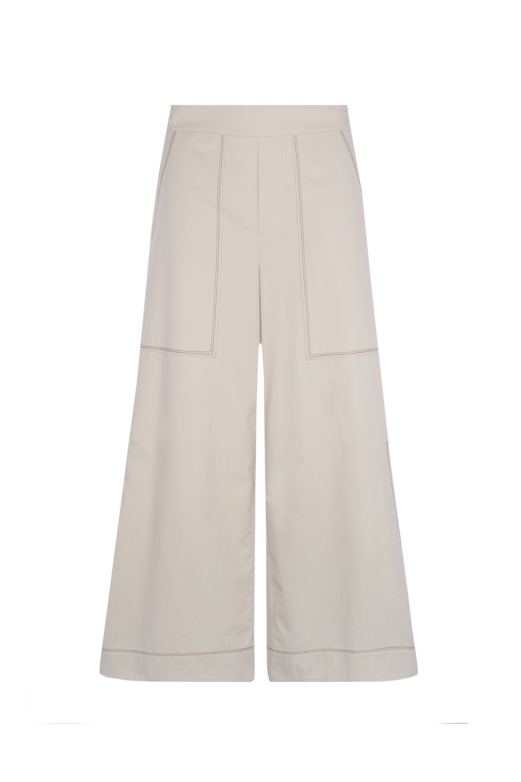 Zoe Pant in Prestine – High-waisted wide-leg pants in 100% cotton with patch pockets and side vents.