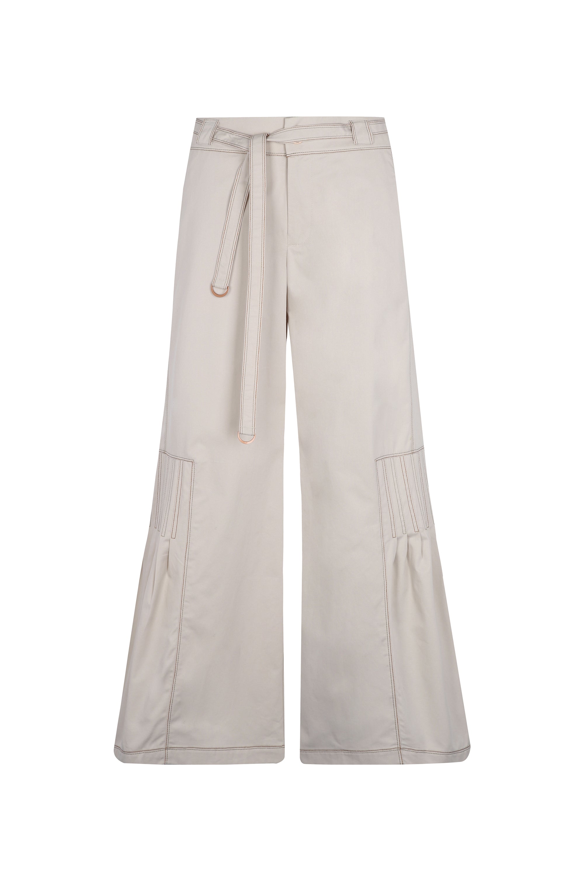 Zoila Pant in Prestine – High-waisted cotton palazzo pants with wide belt, contrast stitching, and refined silhouette.