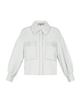 Gwen Jacket in Off White – Cropped cotton jacket with front pleats, shirt collar, and patch pockets.