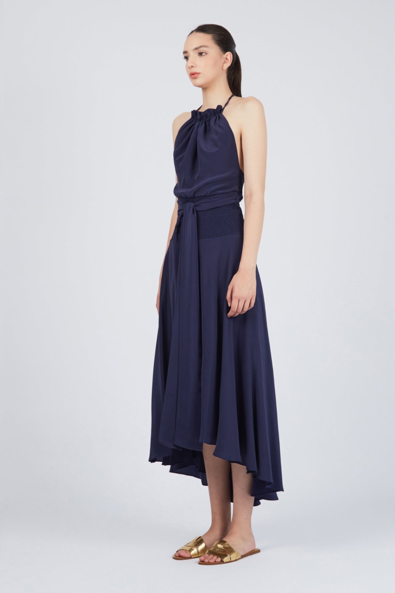 halter navy blue dress Elegant Navy Blue A-Line Halter Long Backless Lace Evening Dresses with Slit Prom Dresses