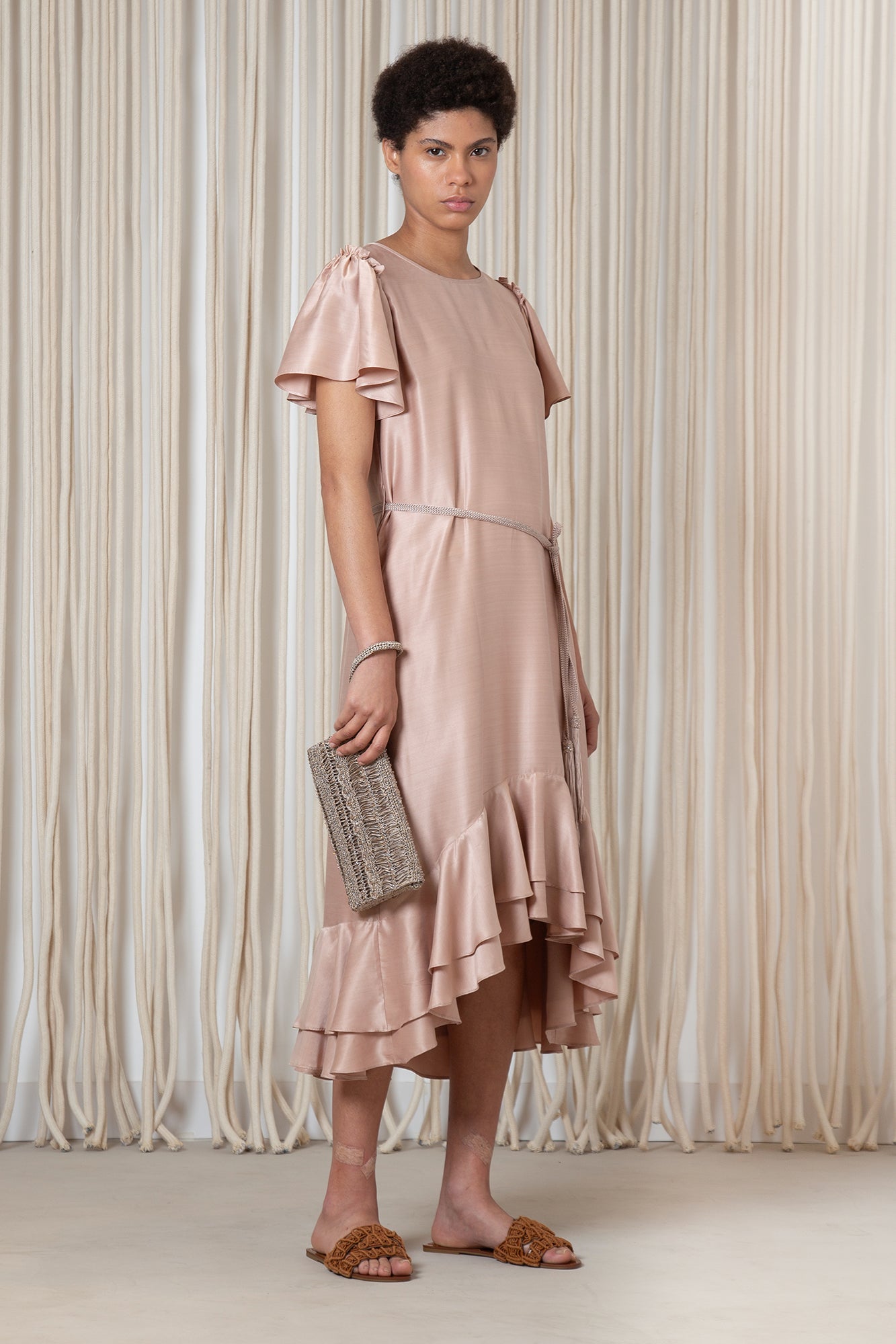 Adelina Dress in Blush | Elegant Silk Midi Dress with Crochet Belt | Sitka Semsch