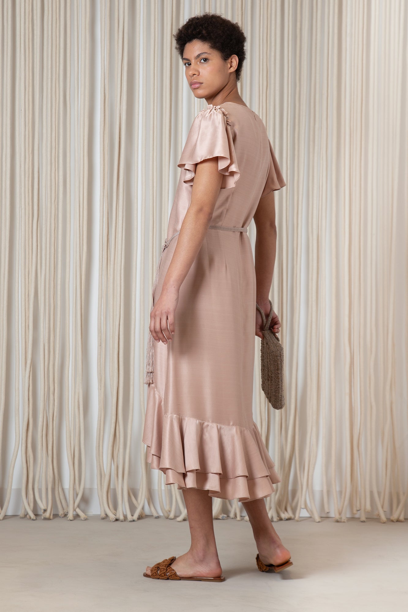 Adelina Dress in Blush | Elegant Silk Midi Dress with Crochet Belt | Sitka Semsch