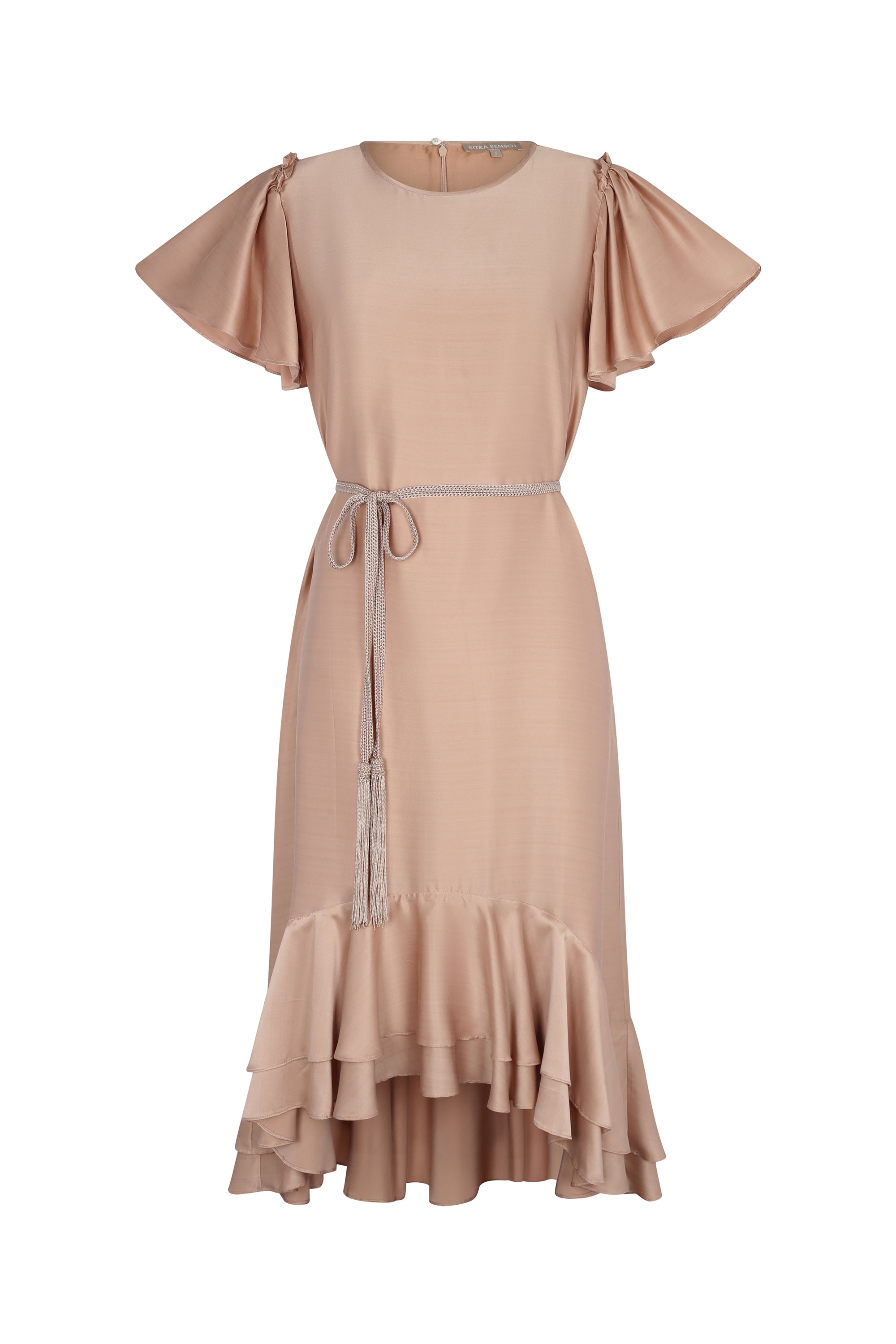 Adelina Dress in Blush | Elegant Silk Midi Dress with Crochet Belt | Sitka Semsch