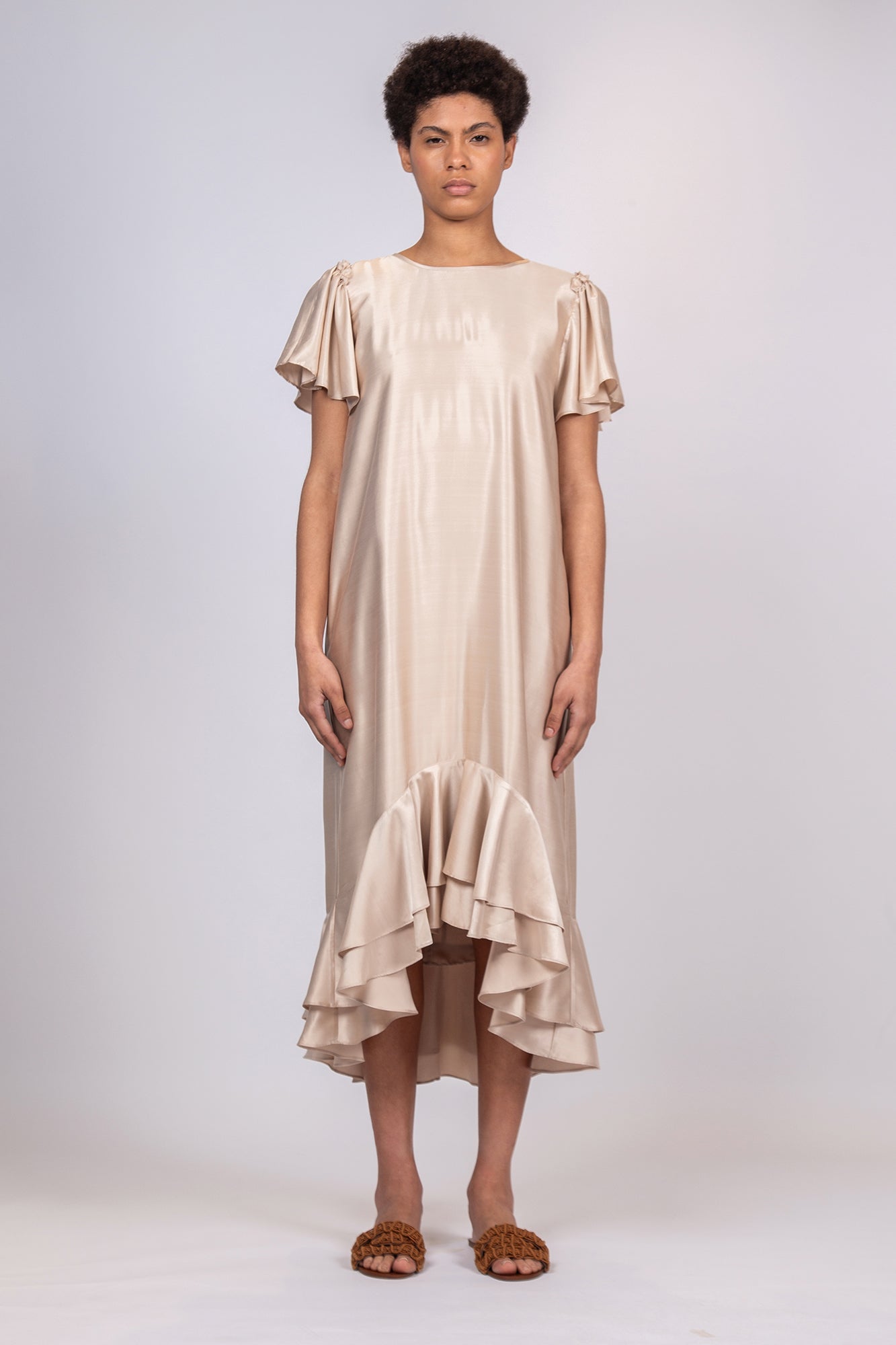 Adelina Dress in Sand | Timeless Silk Midi Dress with Asymmetrical Hem | Sitka Semsch