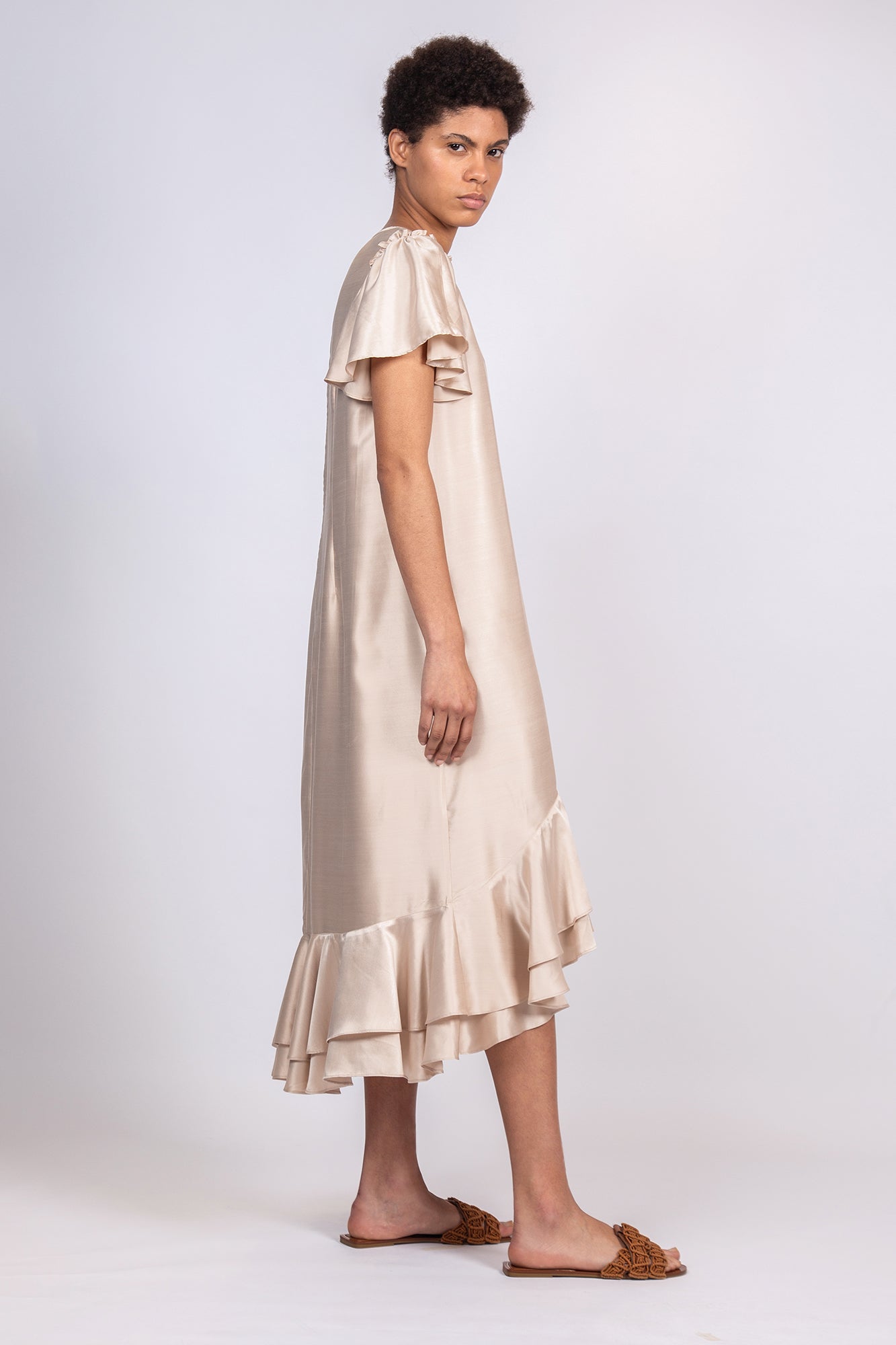 Adelina Dress in Sand | Timeless Silk Midi Dress with Asymmetrical Hem | Sitka Semsch