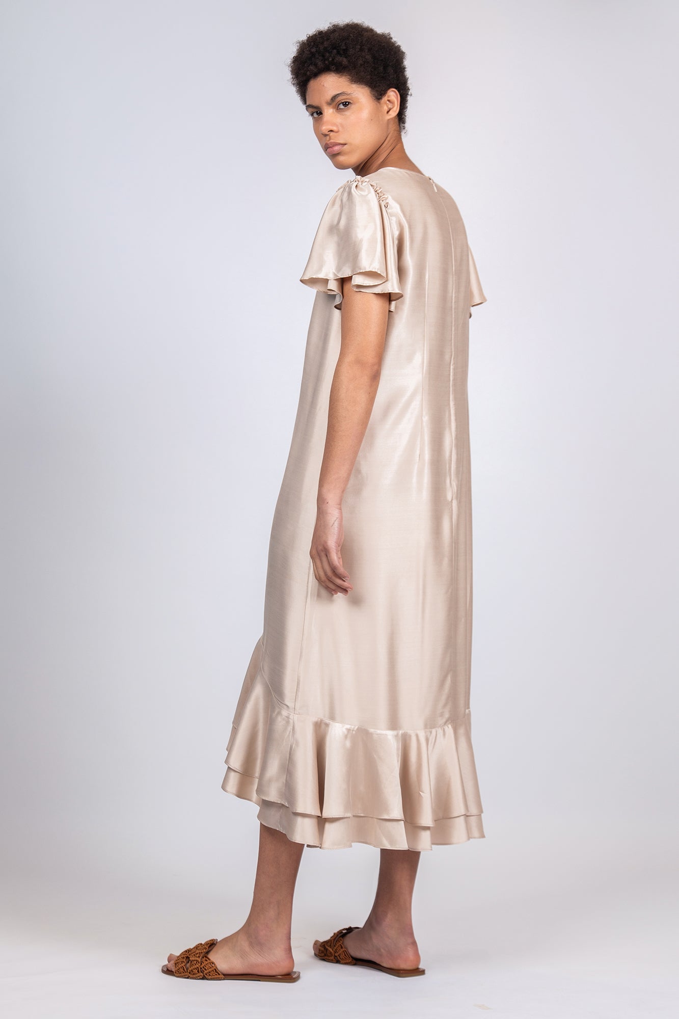 Adelina Dress in Sand | Timeless Silk Midi Dress with Asymmetrical Hem | Sitka Semsch