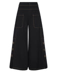 Aliana high-waisted palazzo pants in 100% cotton, featuring front and back patch pockets, side vents with button details, and contrast stitching.