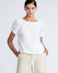 Amara blouse in white with broderie appliques and adjustable drawstring
