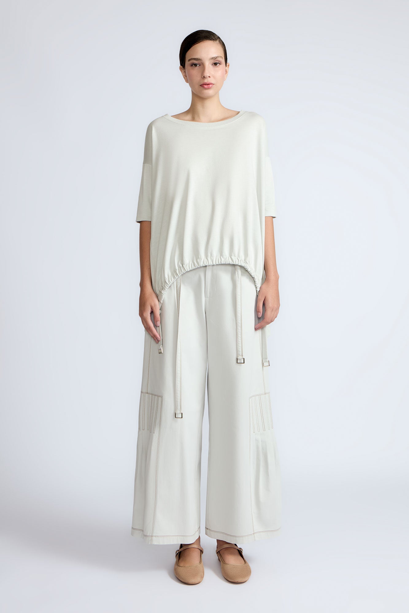 Amaya Top in Silver – Relaxed-fit cotton top with round neckline and stylish hem pullers with buckles.