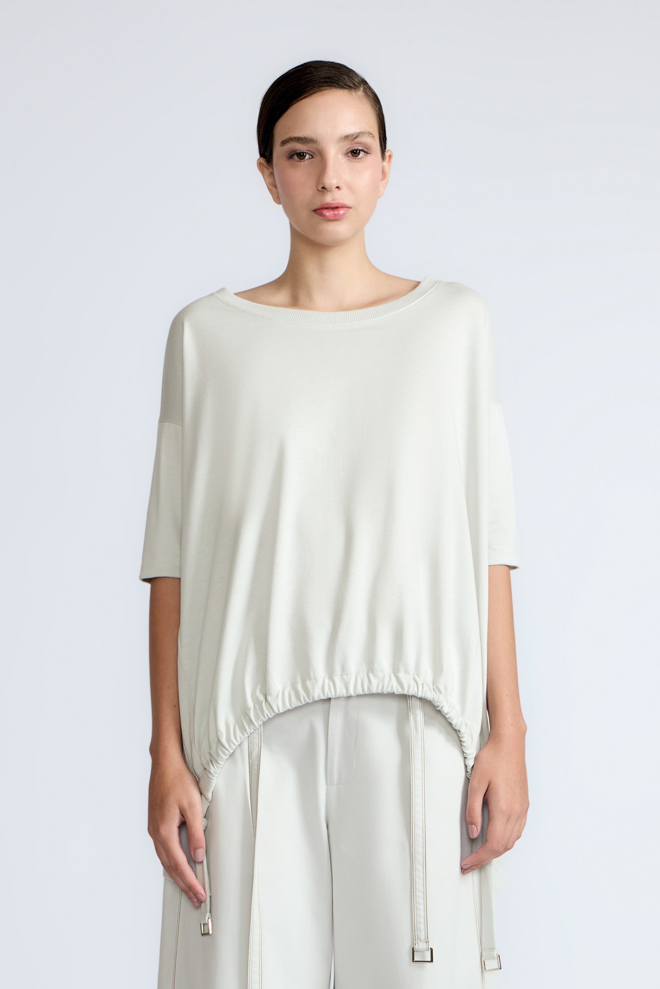 Amaya Top in Silver – Relaxed-fit cotton top with round neckline and stylish hem pullers with buckles.