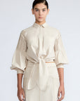 Ansley Blouse in Prestine – Lightweight cotton blouse with tie waist, balloon sleeves, and shirt collar.