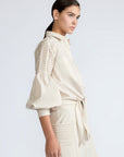 Ansley Blouse in Prestine – Lightweight cotton blouse with tie waist, balloon sleeves, and shirt collar.